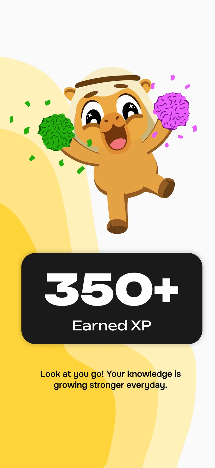 An Archives progress screen celebrating 350 XP earned, with the Ibu character cheering