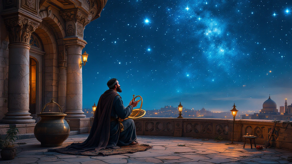 A Muslim astronomer under the night sky with an astrolabe