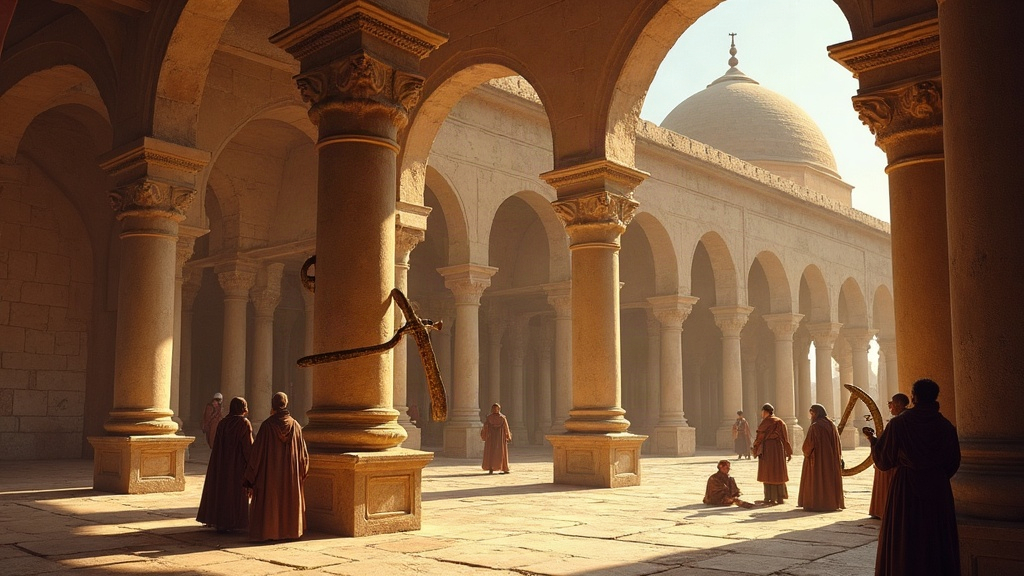 Astronomers using large brass instruments at a medieval Islamic observatory
