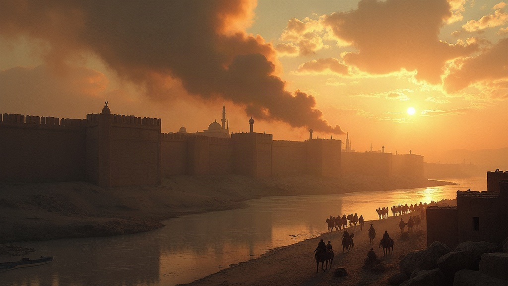 The Mongol siege of Baghdad in 1258, smoke rising over the city walls