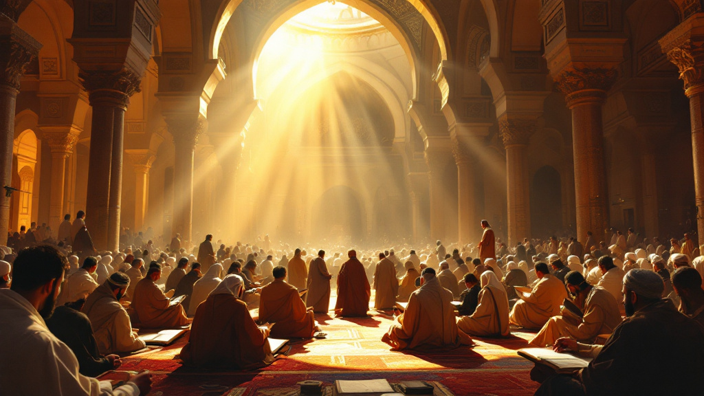 Scholars gathered in a great hall of learning