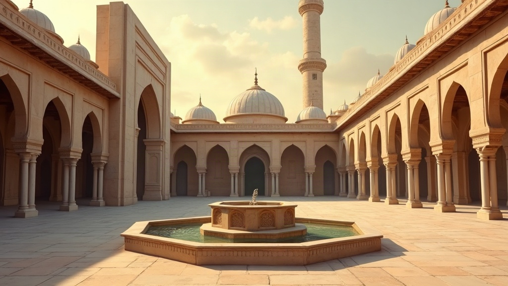 A serene mosque courtyard at dawn