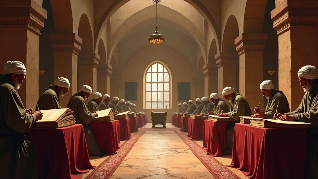 Scholars studying manuscripts in the House of Wisdom in Abbasid Baghdad