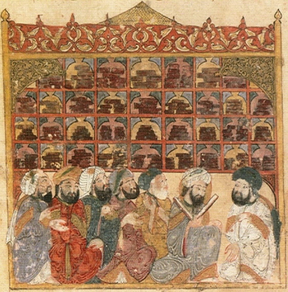 A 13th-century painting of scholars gathered before a wall of books in an Abbasid library