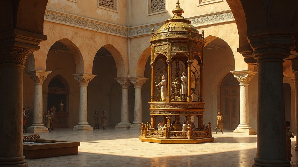 An ornate mechanical water clock with automata in a medieval Islamic palace courtyard
