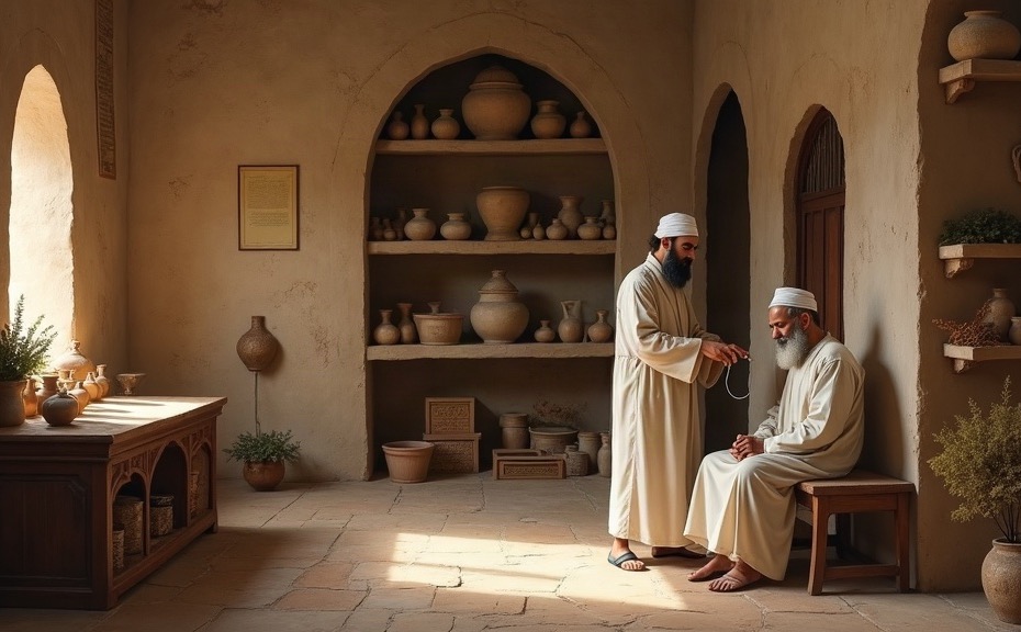 A physician treating a patient in a medieval Islamic hospital lined with apothecary jars