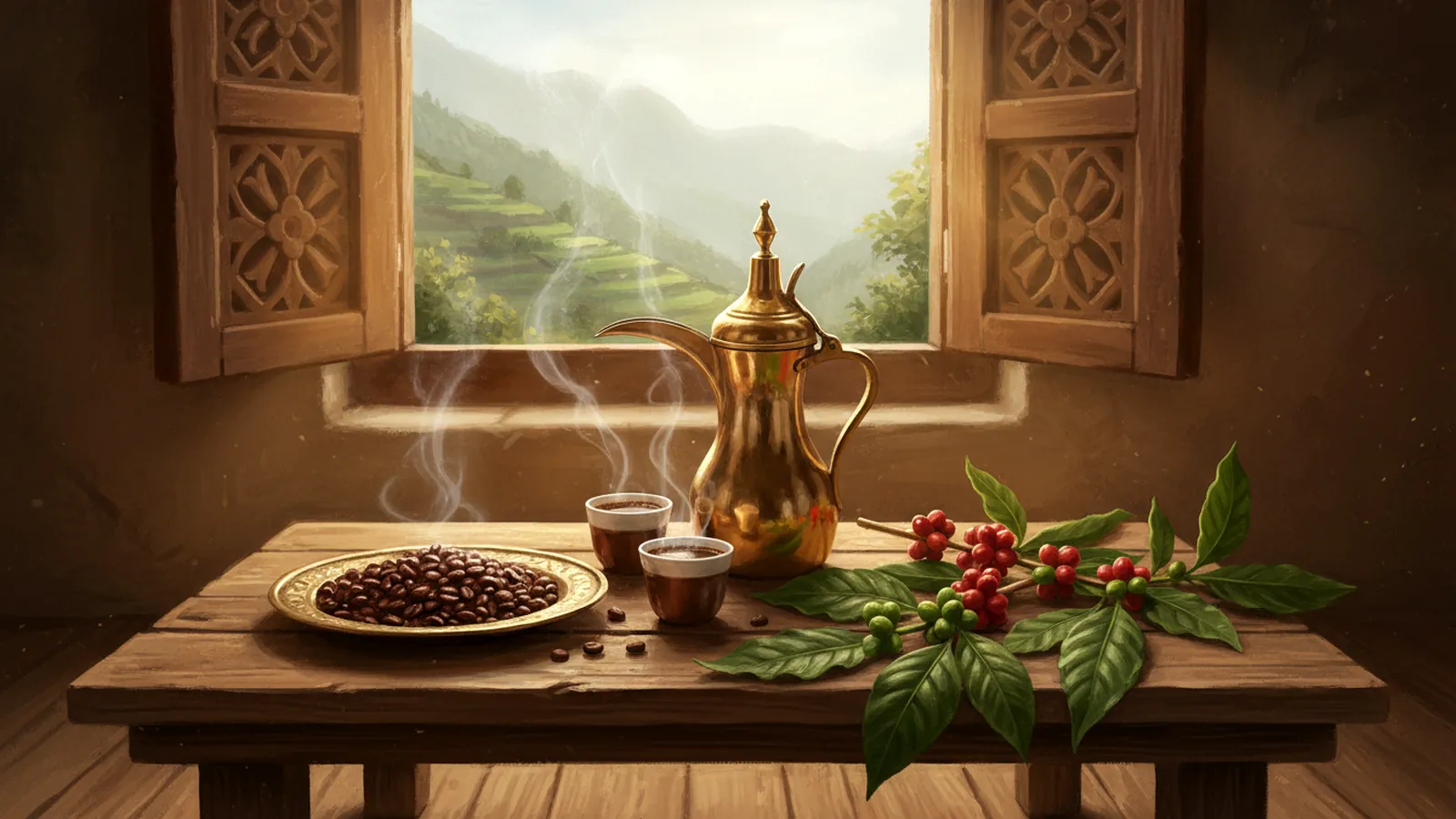 A brass Arabian coffee pot, two small cups of coffee, a dish of roasted beans and a coffee branch with red and green cherries, by a window overlooking terraced mountains