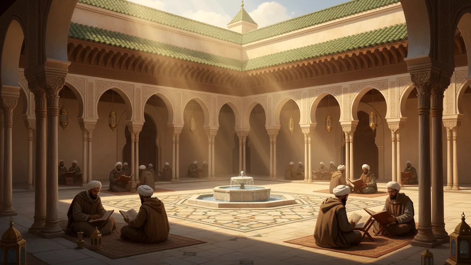 Scholars in robes and turbans reading on mats around a fountain in a courtyard with green tiled roofs and carved arches