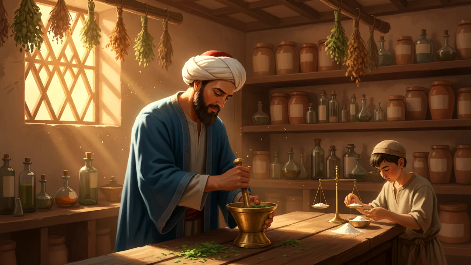 A physician grinding herbs with a brass mortar in a medieval pharmacy lined with ceramic jars, while an apprentice weighs powder on brass scales