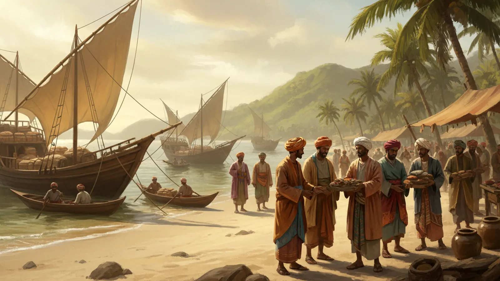 Trading ships with triangular sails anchored in a tropical harbour, as merchants from Arabia, Persia and India and local traders exchange spices and goods on the beach
