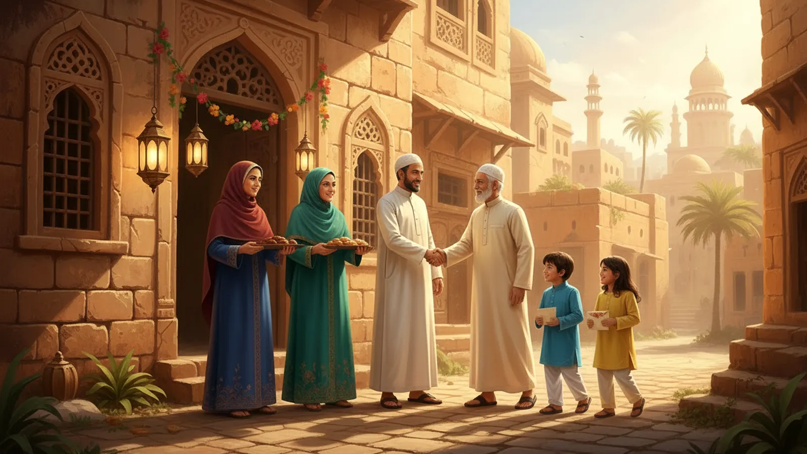 A Muslim family in their best clothes on Eid morning, with men shaking hands, women carrying trays of sweets and children holding Eid money envelopes