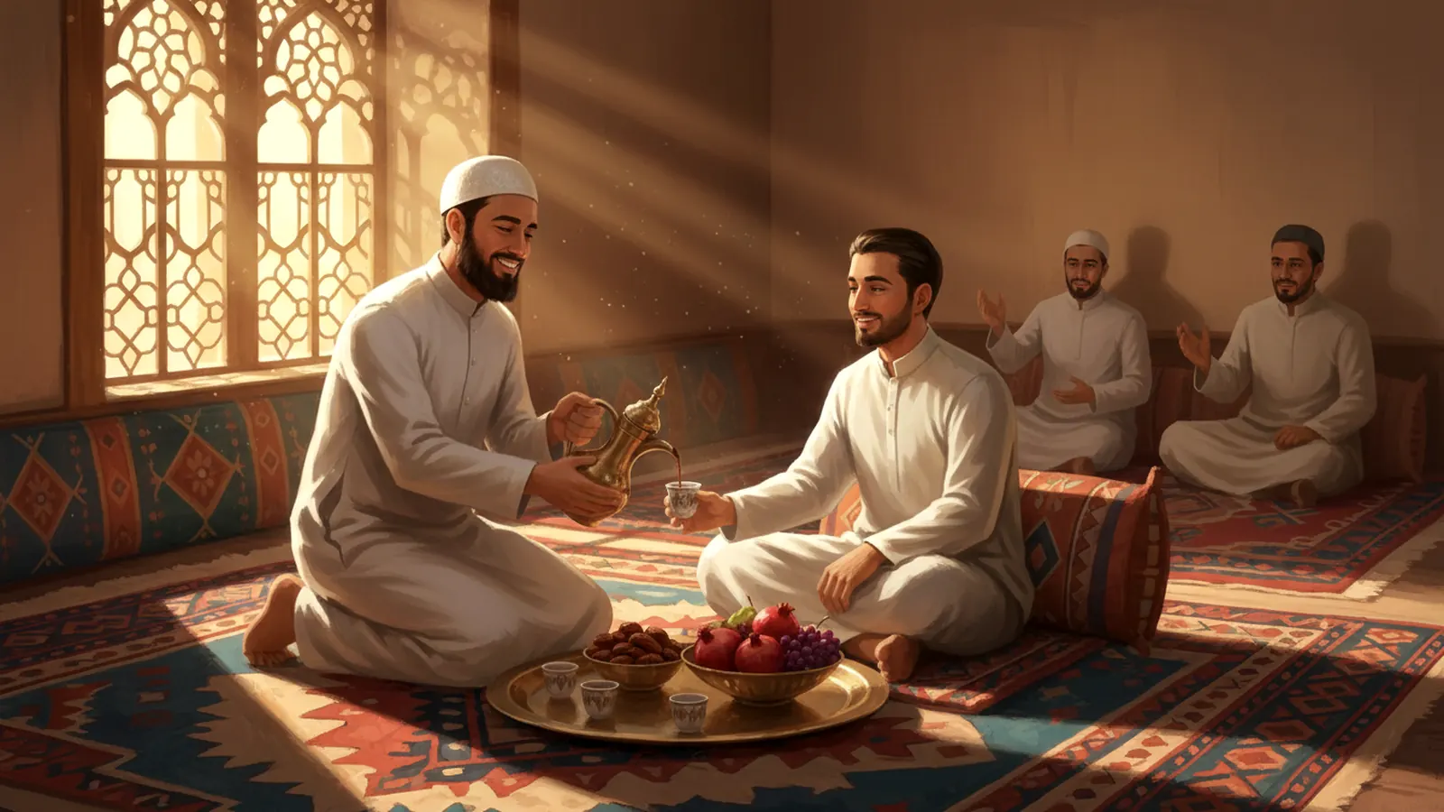 A host pouring Arabic coffee from a brass pot for guests seated on cushions, with a tray of dates and small cups