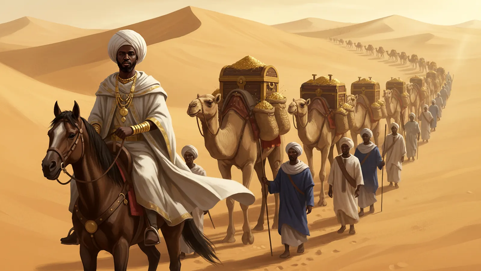 Mansa Musa in a white turban and flowing robes riding at the head of a caravan of camels laden with gold across the Sahara