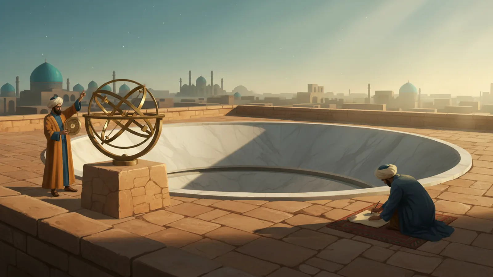 Two scholars in robes and turbans on a rooftop observatory at dusk, one holding up a handheld astrolabe beside a large brass armillary sphere, with a curved marble meridian arc behind them