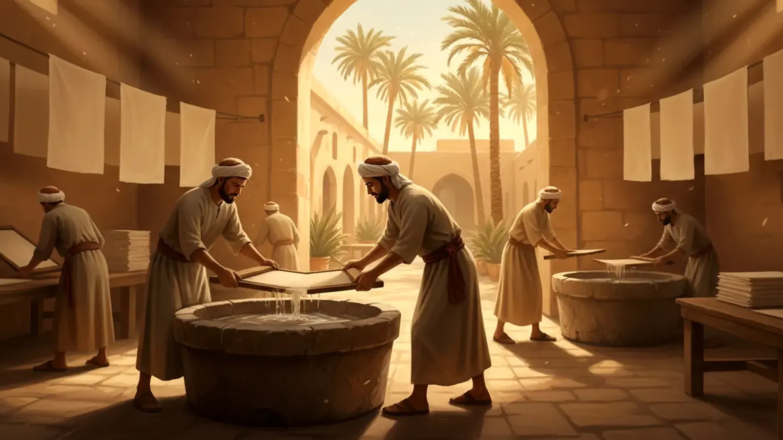 Craftsmen in a Baghdad workshop lifting pulp from a stone vat with a wooden mould, with blank sheets of paper hanging up to dry