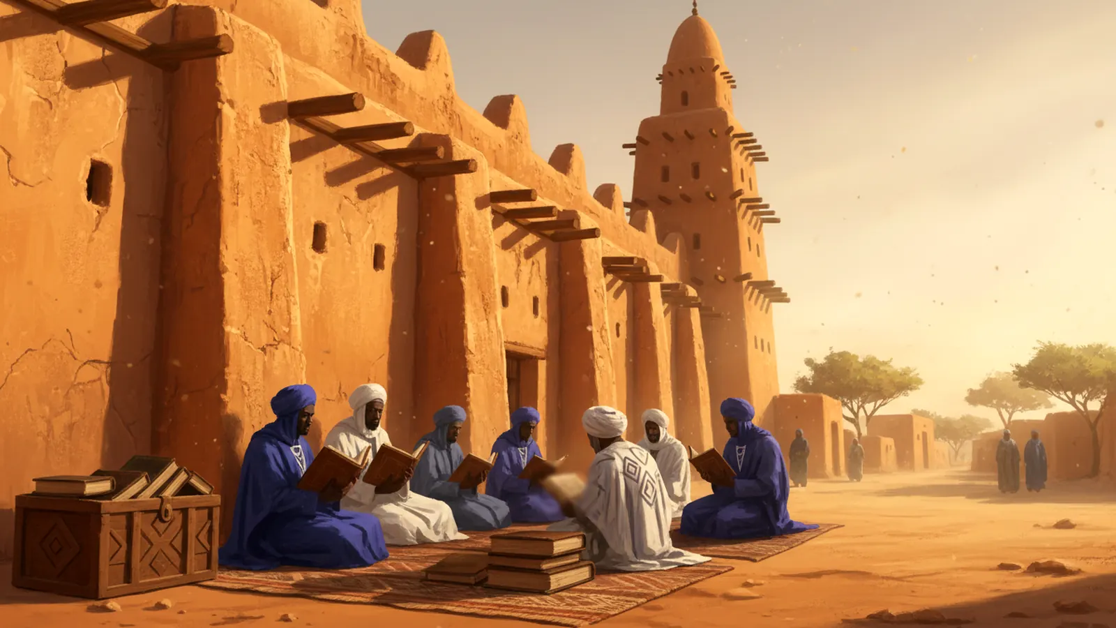 West African scholars in robes reading manuscripts on mats in front of a mud-brick mosque in Timbuktu