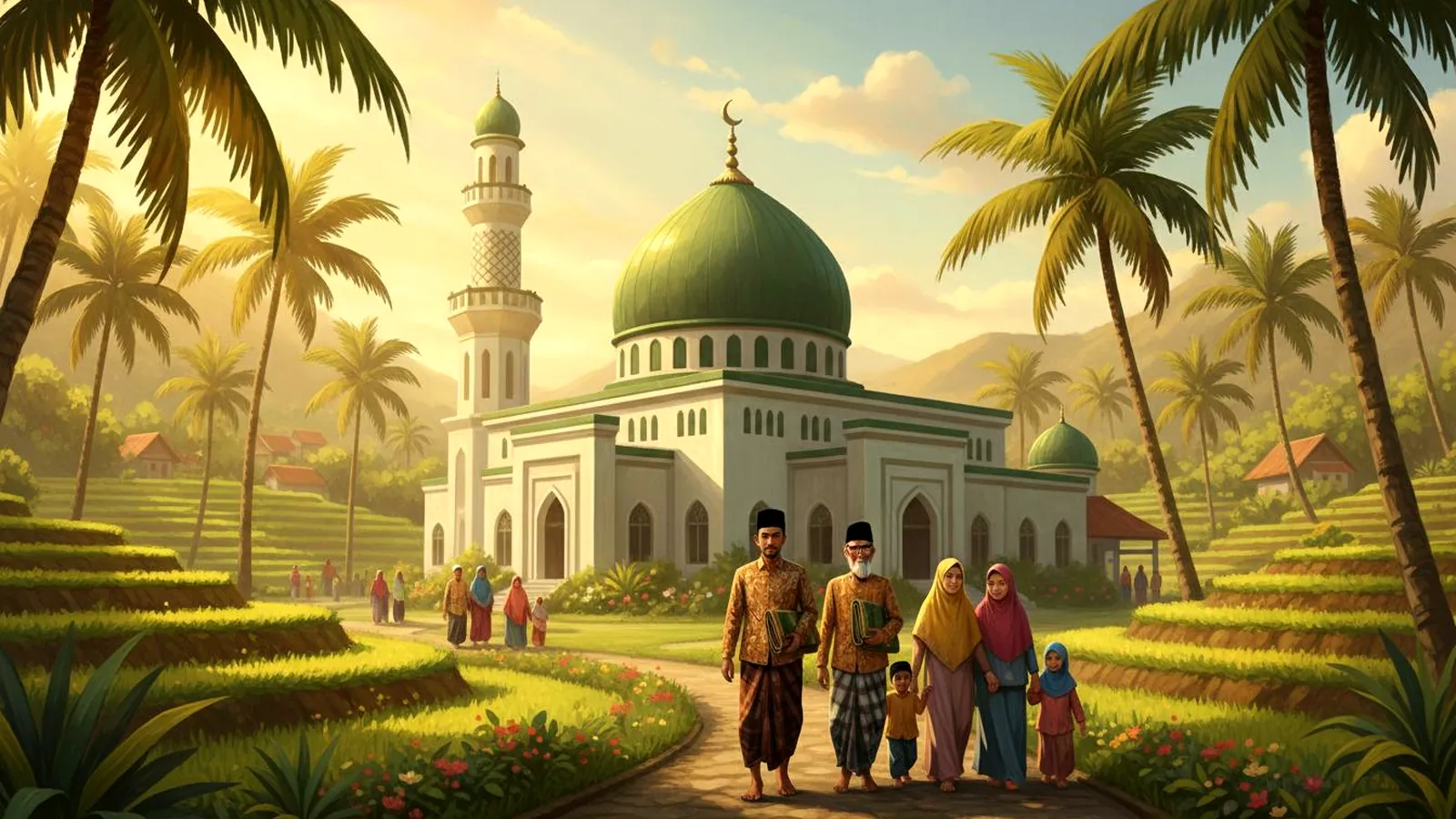 An Indonesian family in peci caps, batik and headscarves walking from a white mosque with a green dome, along a path between rice terraces