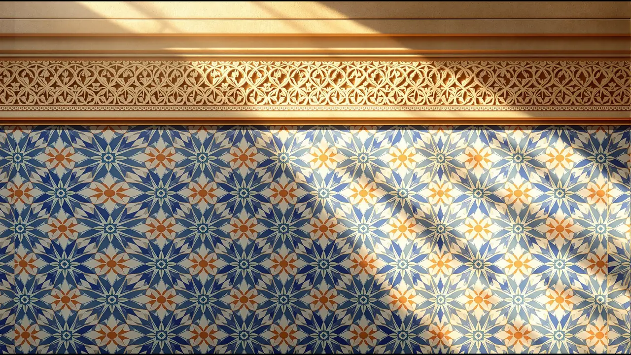 Glazed tiles in blue, cream and orange forming an eight-pointed geometric star pattern, below a carved plaster border
