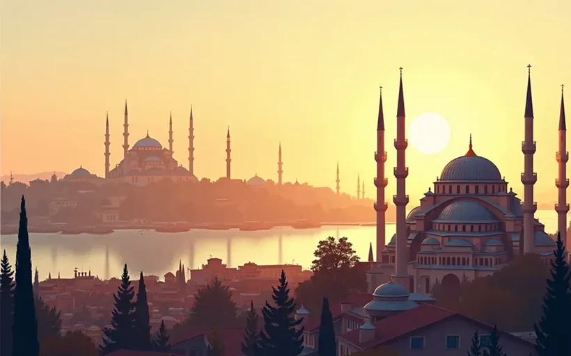 Illustrated scene of the Istanbul skyline at sunset, domes and slender minarets silhouetted across the water