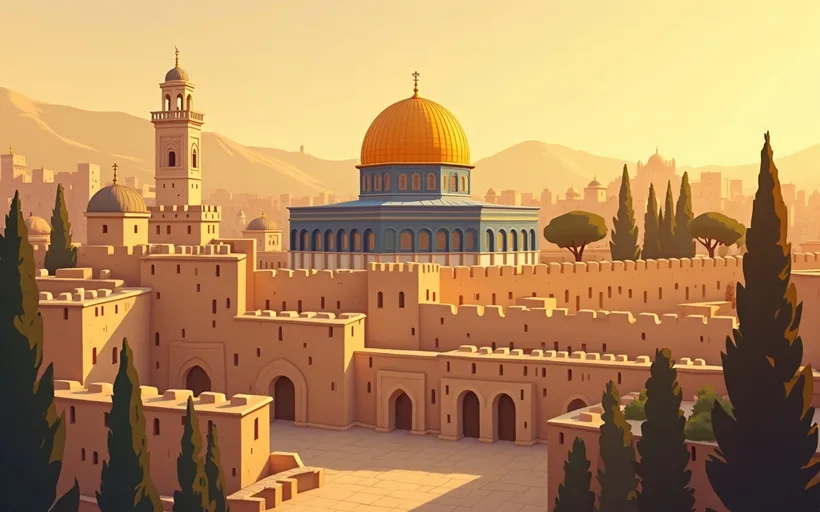 Illustrated scene of Jerusalem at golden hour, the golden Dome of the Rock rising behind the old city walls and cypress trees
