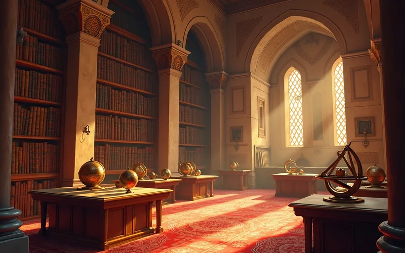 Illustrated scene inside a great Islamic library, with tall shelves of books, brass globes and an armillary sphere lit by arched windows