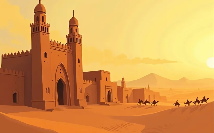 Illustrated scene of a West African mud-brick mosque with tall minarets and a camel caravan crossing the dunes beyond