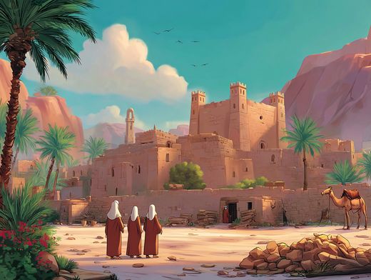 Illustrated scene of children walking towards a desert town of mud-brick buildings and a minaret, with palm trees and a camel