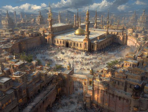 Aerial illustration of a dense Islamic city with crowds gathered in the courtyard of a great mosque topped by a golden dome