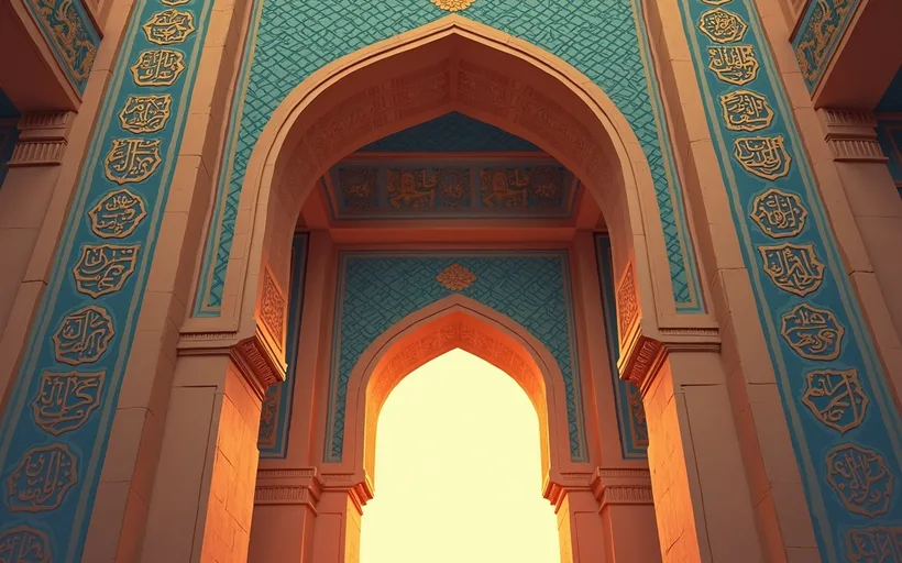 Illustrated scene looking up at a mosque portal covered in turquoise geometric tilework and Arabic calligraphy panels