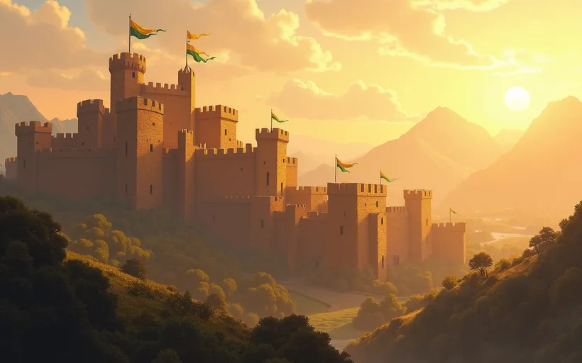 Illustrated scene of a large hilltop fortress flying green and gold banners above wooded slopes at sunset