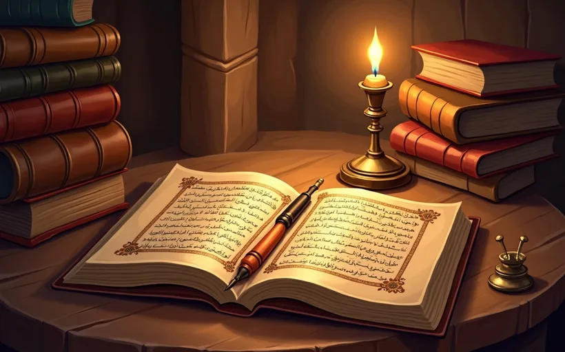 Illustrated scene of an open handwritten Arabic manuscript with a reed pen, inkwell and candle beside stacks of leather-bound books