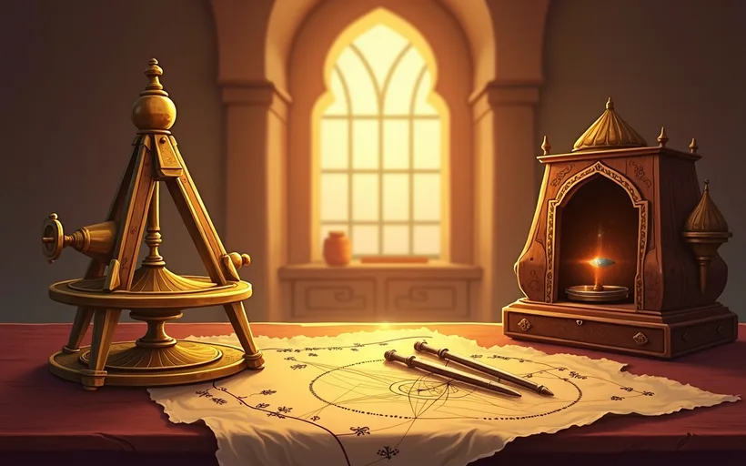Illustrated scene of a brass astrolabe and dividers resting on a star chart in a candlelit study
